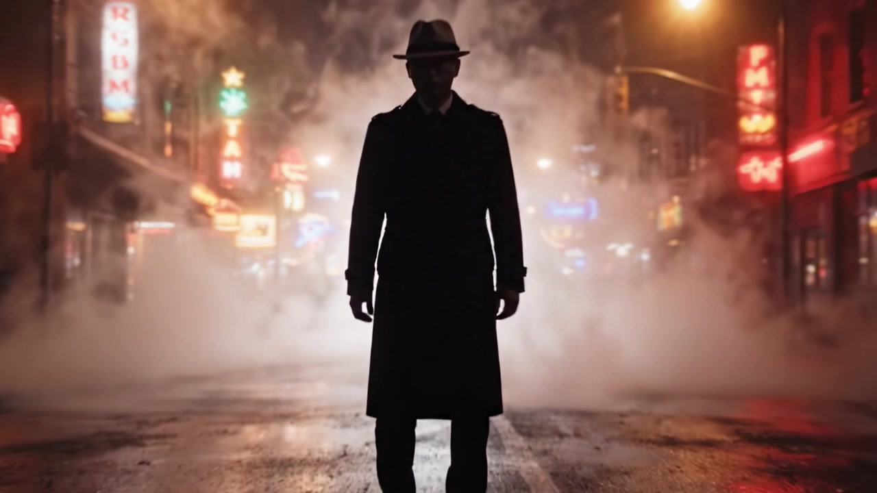 Una figura misteriosa si erge nella notte urbana nebbiosa, stagliata contro le luci al neon, emanando un'atmosfera di intrigo e suspense in una strada buia.