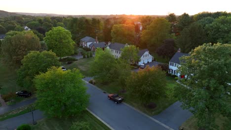 golden hour sunset over upscale neighborhood in america