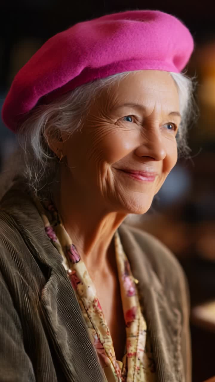 Retrato de uma mulher elegante e mais velha com uma boina rosa e expressão alegre, capturado em iluminação suave, refletindo calor e sabedoria em seus olhos