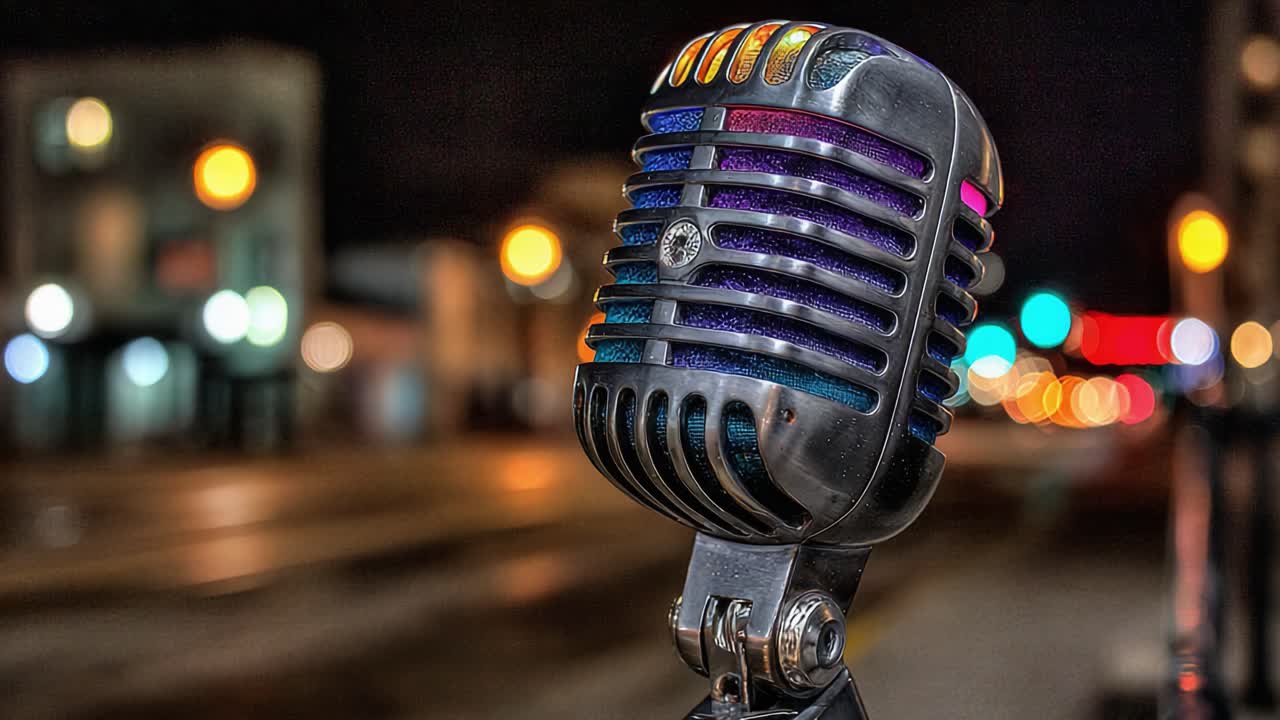 A Stunning Vintage Microphone Captured in Two Frames, Highlighting Its Glossy Finish and Vivid Colors Against a Nighttime Urban Backdrop