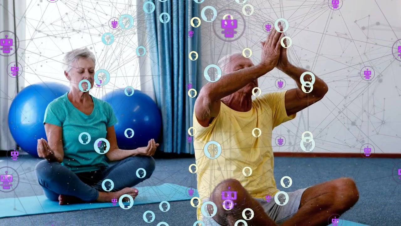 Donna e uomo che praticano yoga, con il respiro che guida l'abbassamento delle mani per la calma, e una sovrapposizione su tutta la scena.