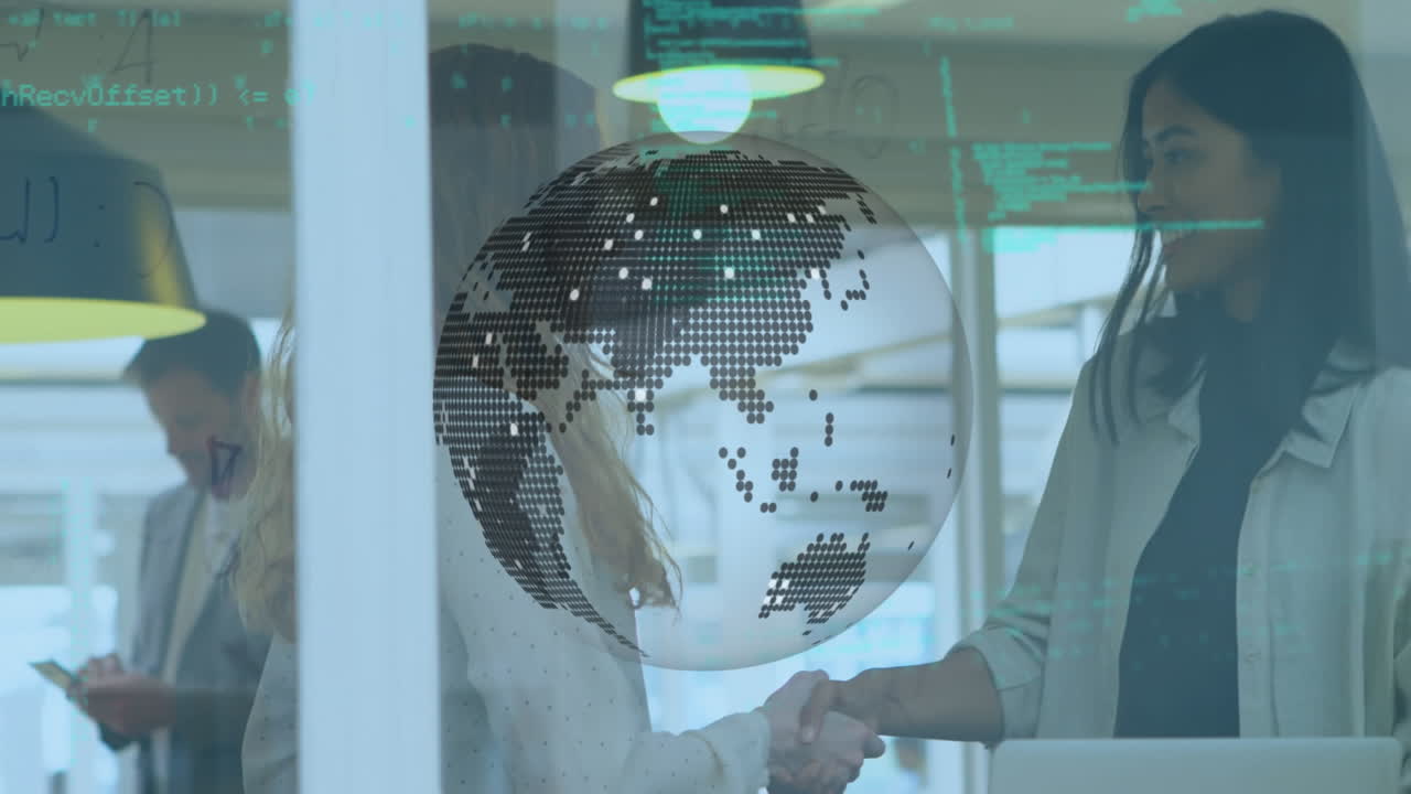 Animation of rotating globe and data processing over diverse businesswomen shaking hands