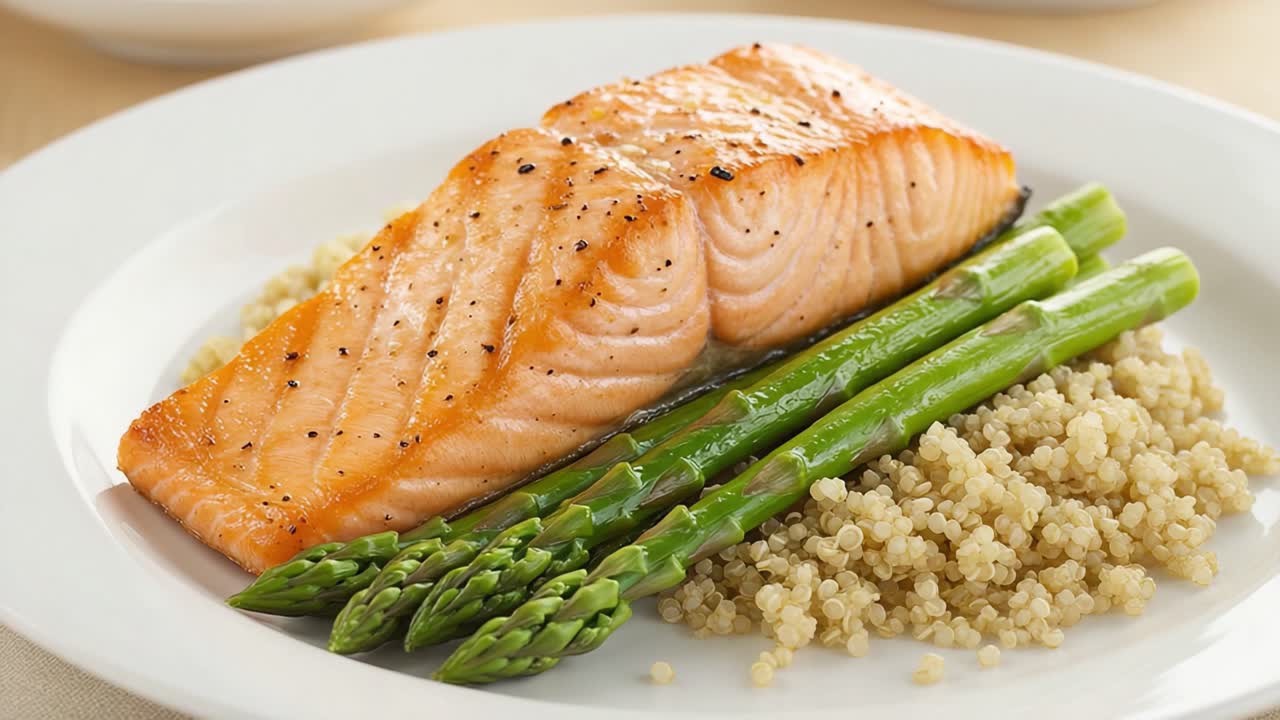 Delicious grilled salmon served with fresh asparagus and fluffy quinoa garnished to perfection, highlighting a healthy and appetizing meal for any occasion