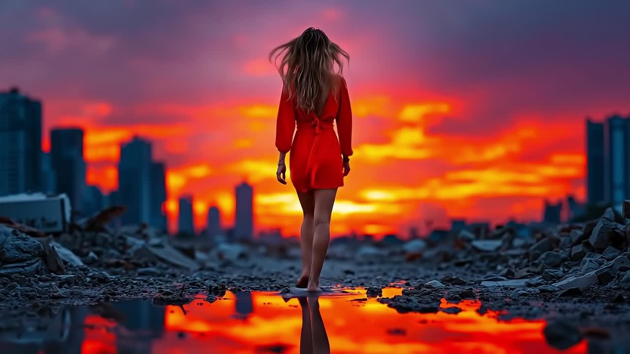 A woman in a red dress walking on a beach at sunset