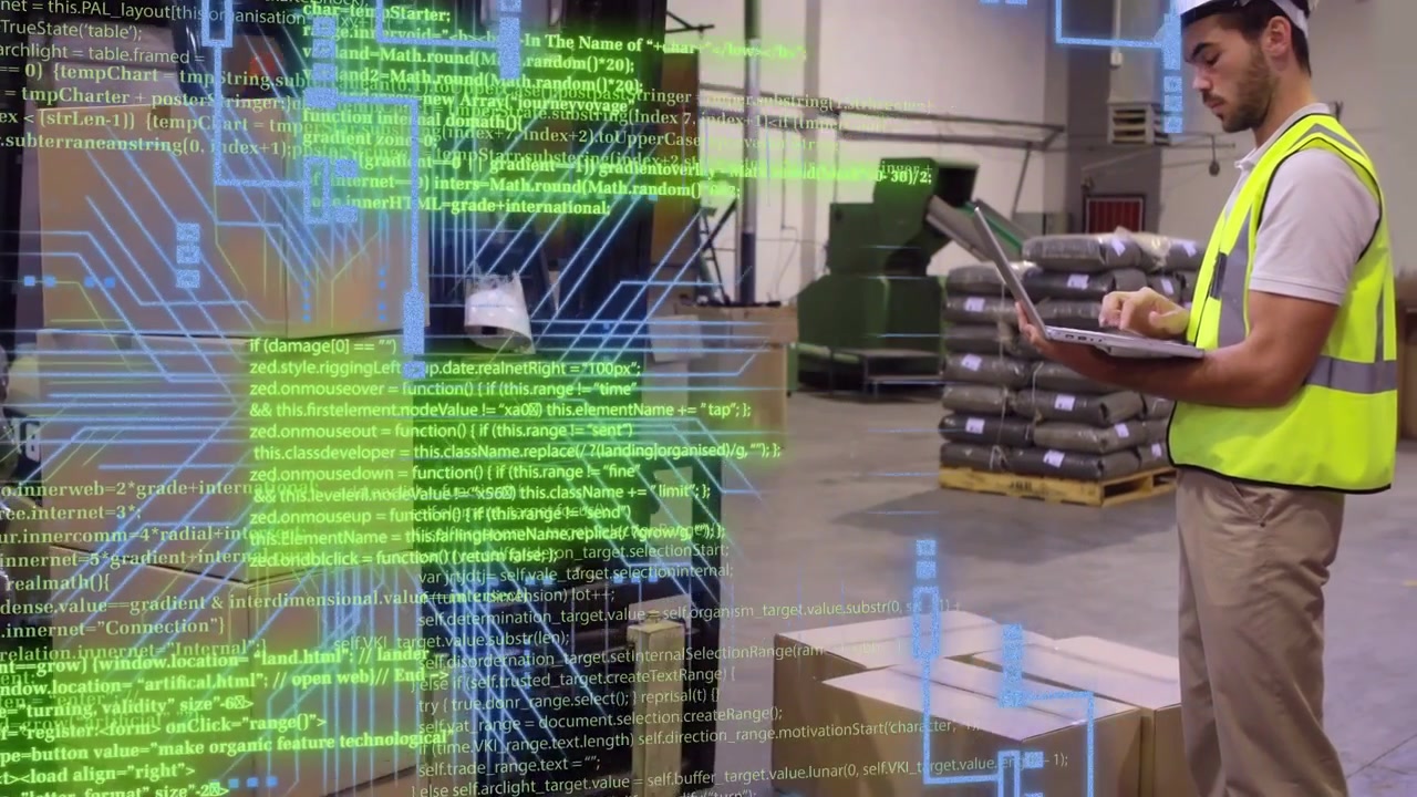 Warehouse tech typing laptop, initiating AR overlay on forklift and boxes, checking load