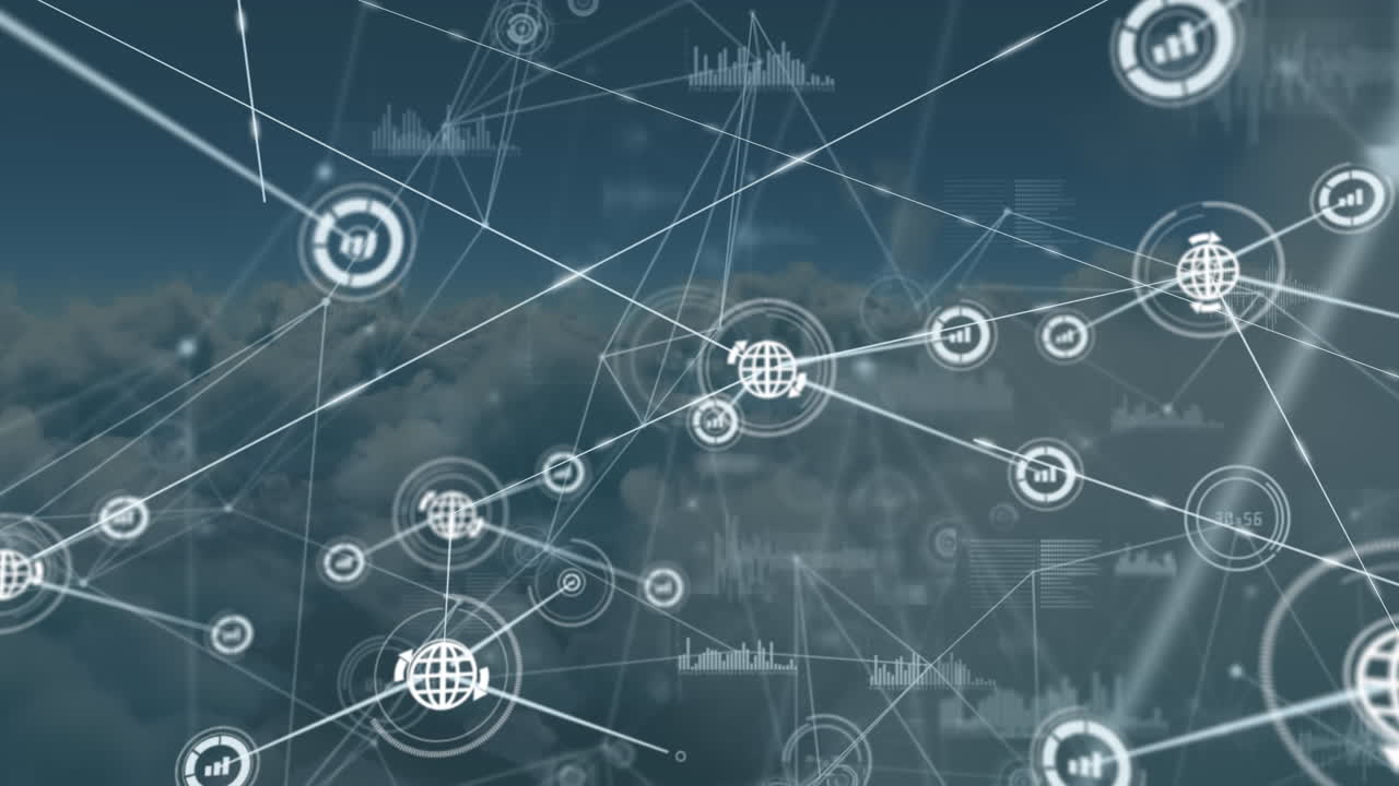 Animation of network of connections with icons over sky and clouds
