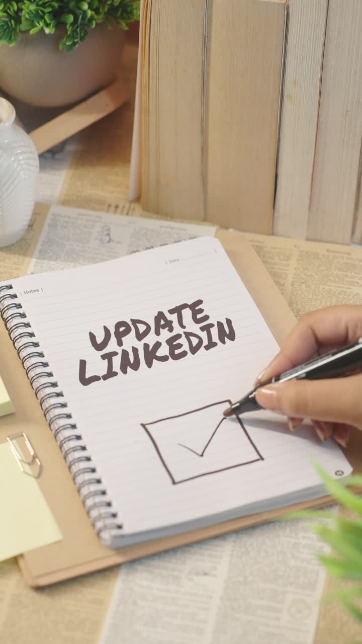 VERTICAL VIDEO OF TICKING OFF UPDATE LINKEDIN FROM CHECKLIST