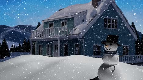Animación-De-Nieve-Cayendo-Sobre-Un-Paisaje-Navideño-Con-Casa-Y-Muñeco-De-Nieve.