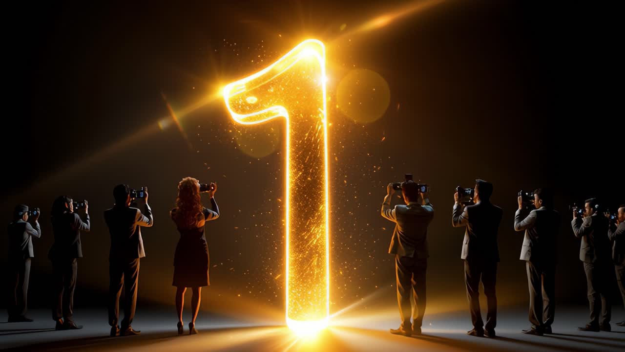 A Spectacular Showcase of Brilliance: A Golden Number One Surrounded by Photographers Capturing the Moment in a Dazzling Display of Light and Glamour