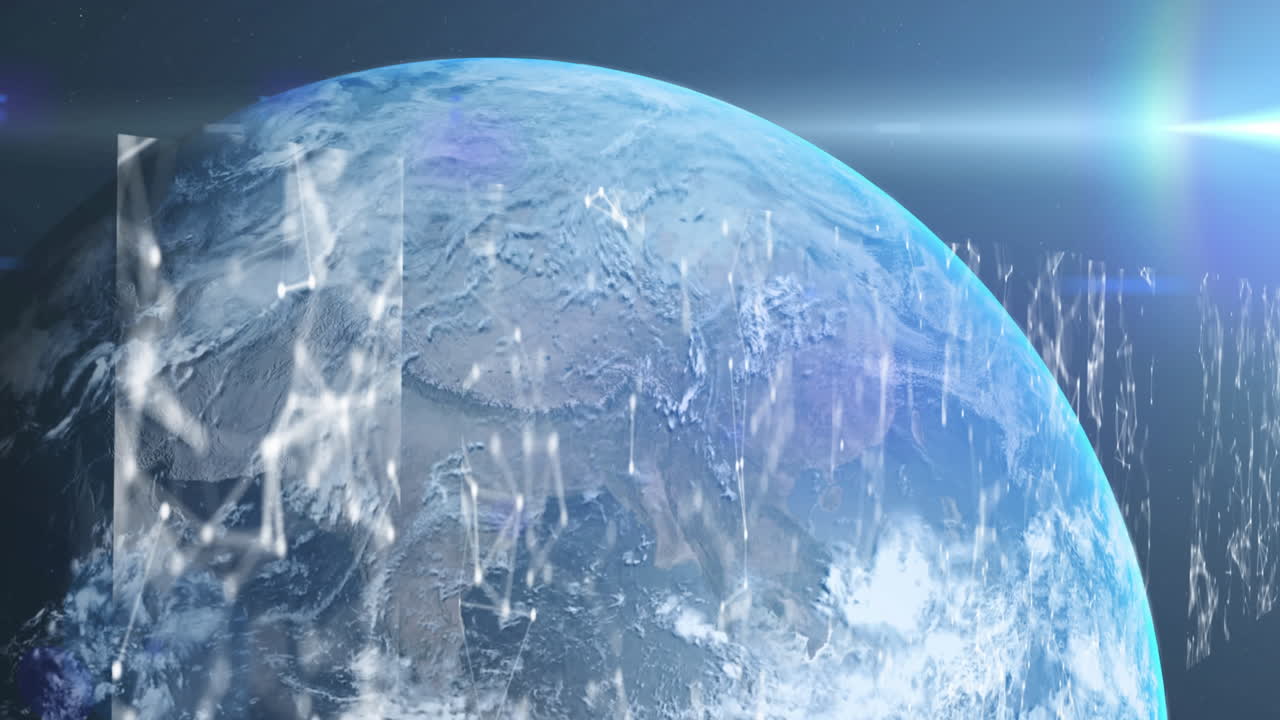 파란색 배경에 전 세계에 걸쳐 반이는 빛과 연결 네트워크의 애니메이션