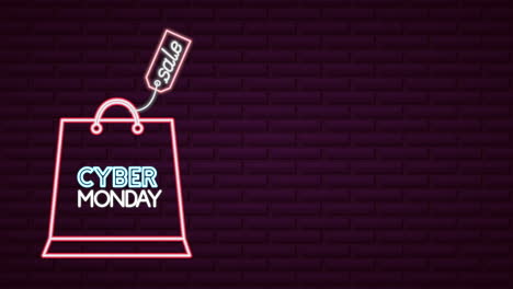 cyber monday neon lights animation with shopping bag