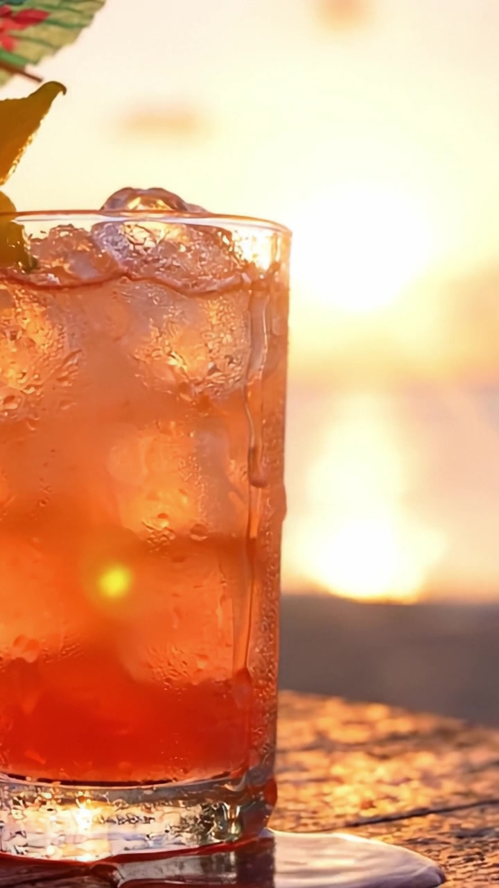 Refreshing Sunset Drink: A Close-Up of a Vibrant Cocktail in a Glass, Capturing the Glimmering Sunshine and Chilling Vibes of a Relaxing Evening