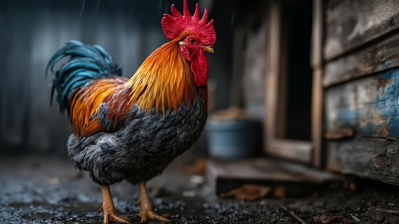A rooster standing in the rain in front of a wooden building