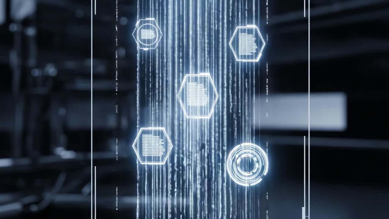 Abstract Digital Interface Showcasing Flowing Data Streams with Hexagonal Icons Representing Technology and Information Processing in a Futuristic Setting