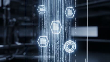 abstract digital interface showcasing flowing data streams with hexagonal icons representing technology and information processing in a futuristic setting
