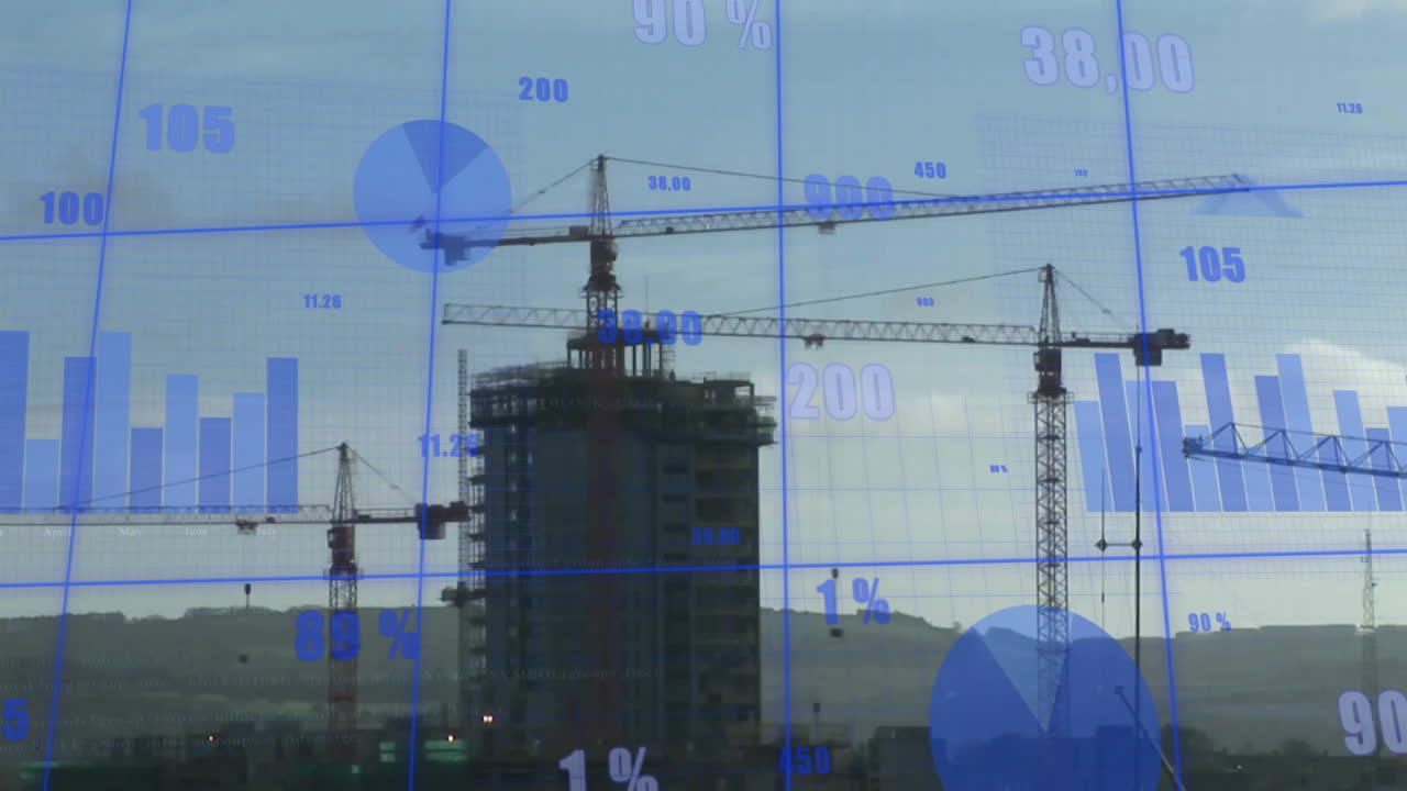 Construction cranes and building with financial data processing animation overlaid