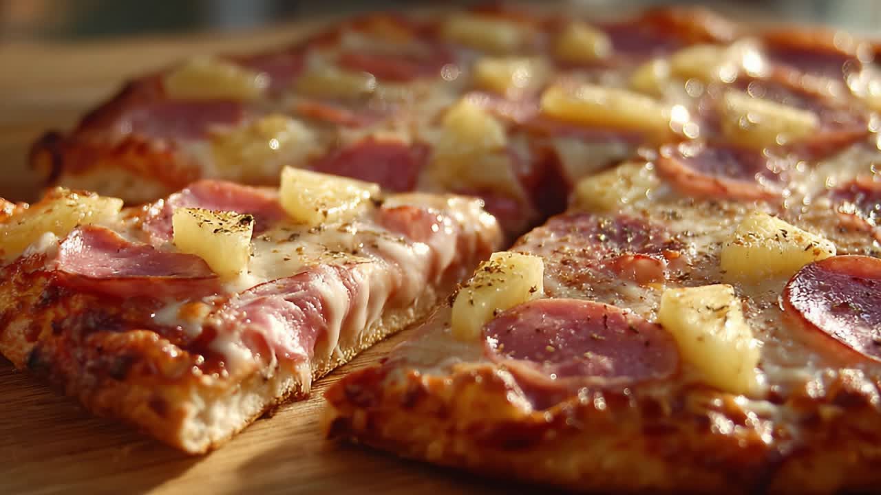 Una pizza appetitosa con ananas e pepperoni, che mostra condimenti deliziosi su una crosta croccante, cotta alla perfezione per un'esperienza di gusto suprema.