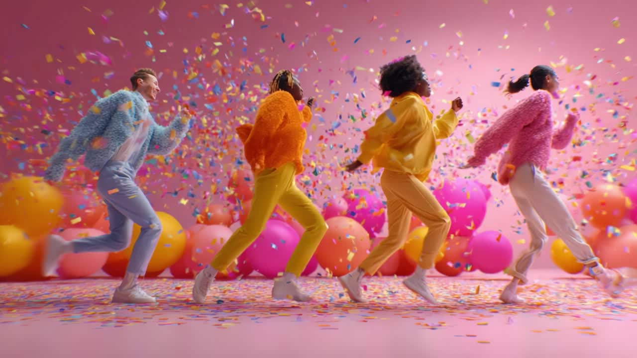 A Vibrant Celebration of Movement: Colorful Dancers Spreading Joy Amidst Confetti and Cheerful Decorations in a Whimsical Setting Filled with Colorful Balloons