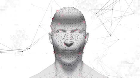 Human-head-model-spinning-against-network-of-connections-on-white-background