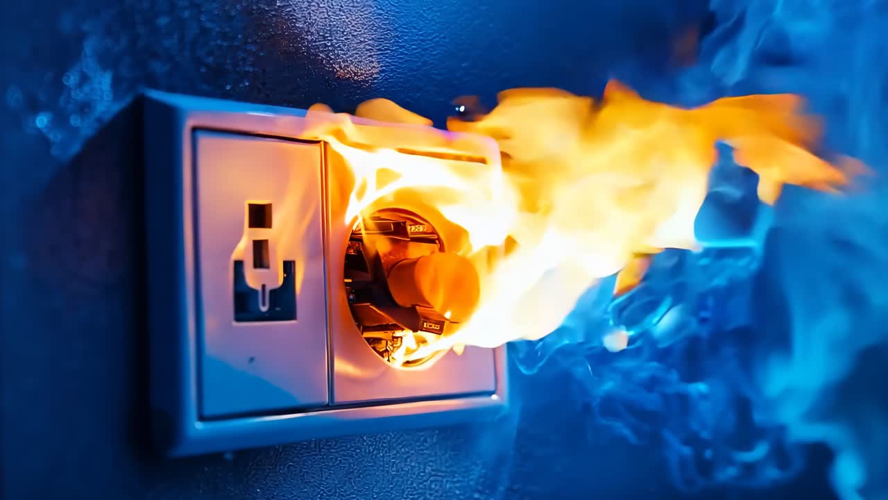 un interruptor de luz azul con un fuego saliendo de él