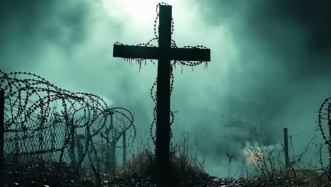 a cross in the middle of a field with barbed wire