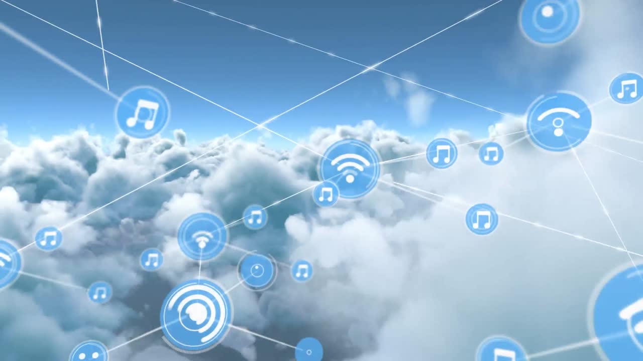 Netværk af digitale ikoner mod skyer på den blå himmel.