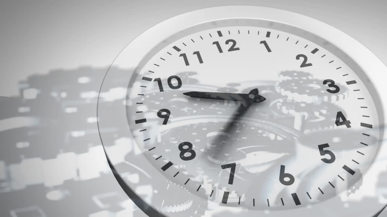 Animation of moving clock over cog wheels on white background