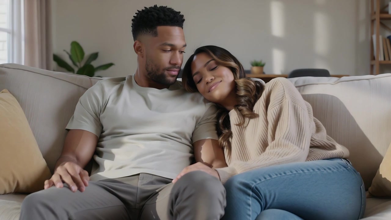 Leaning woman in beige sweater, showing affection, man glancing, moving hand onto leg on sofa, mug