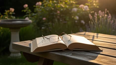 a serene evening in the garden: an open book and glasses resting on a wooden table surrounded by blooming flowers and gentle sunlight