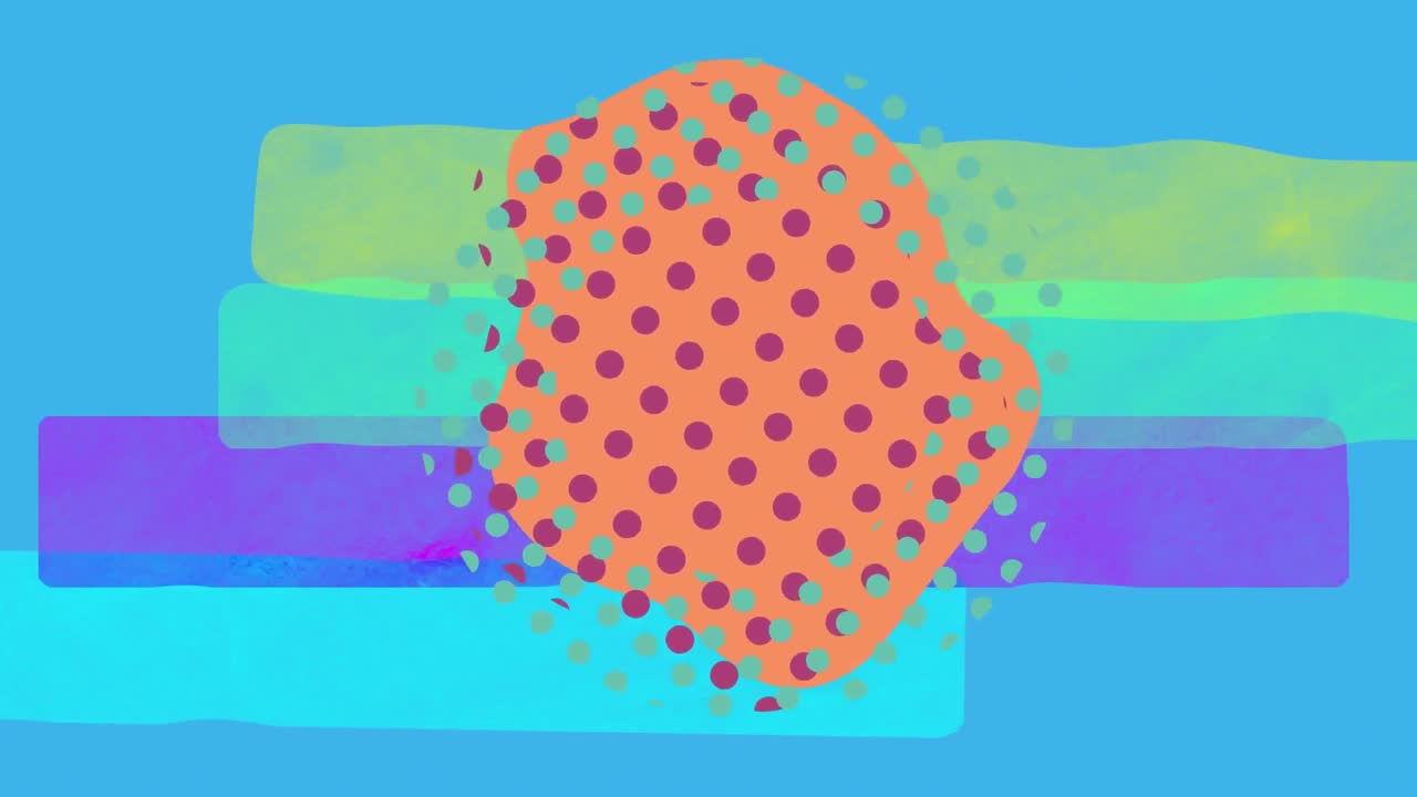 animación de una cuadrícula de puntos anaranjados y rojos sobre rayas de colores sobre fondo azul