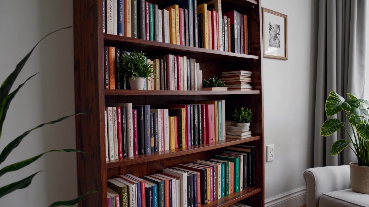 Libreria in legno piena di libri colorati in un accogliente soggiorno