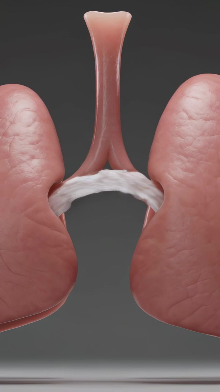 Video verticale: Banda bianca crescente che unisce lobi rosa, con la clip che inizia in un laboratorio medico con un tubo centrale.