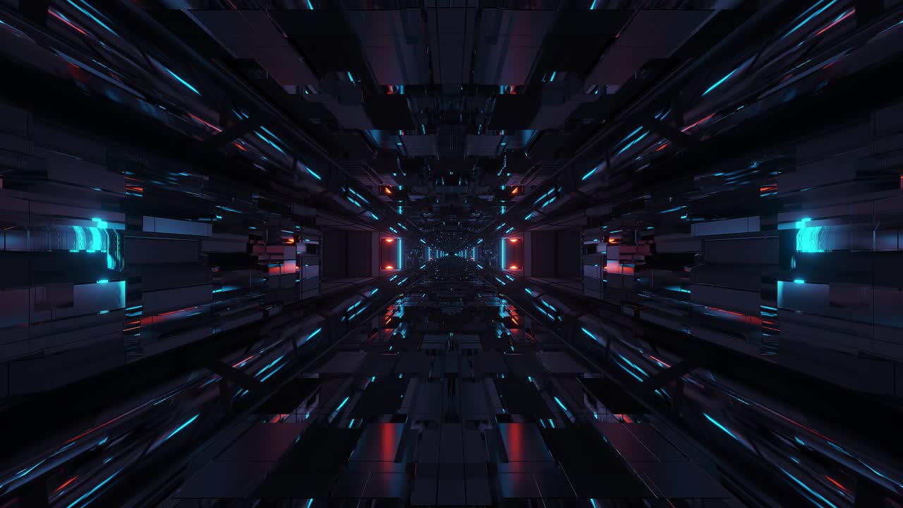 3d illustration motion background vj loops with futuristic sci-fi hangar tunnel corridor with nice reflections and dark atmosphere, science-fiction 3d rendering live wallpaper artwork club visuals loops