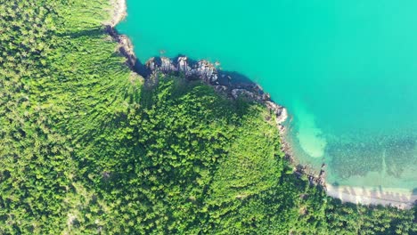 Costa-Rocosa-De-Isla-Tropical-Con-Densos-Bosques-De-árboles-Y-Exuberante-Vegetación-Bañada-Por-Una-Tranquila-Laguna-Turquesa-Con-Arrecifes-De-Coral-Bajo-El-Agua-En-Tailandia