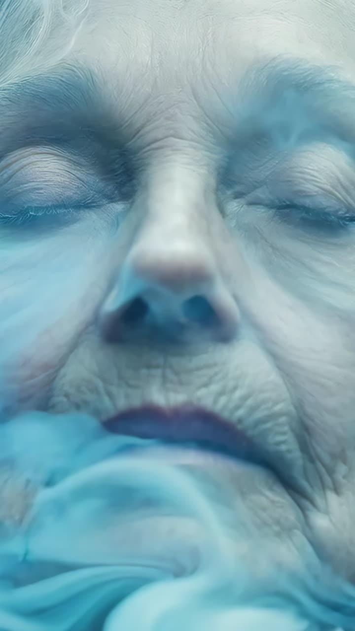 A woman is shown in a blue haze with her eyes closed. Concept of calm and relaxation, as the woman is meditating or taking a break from the world