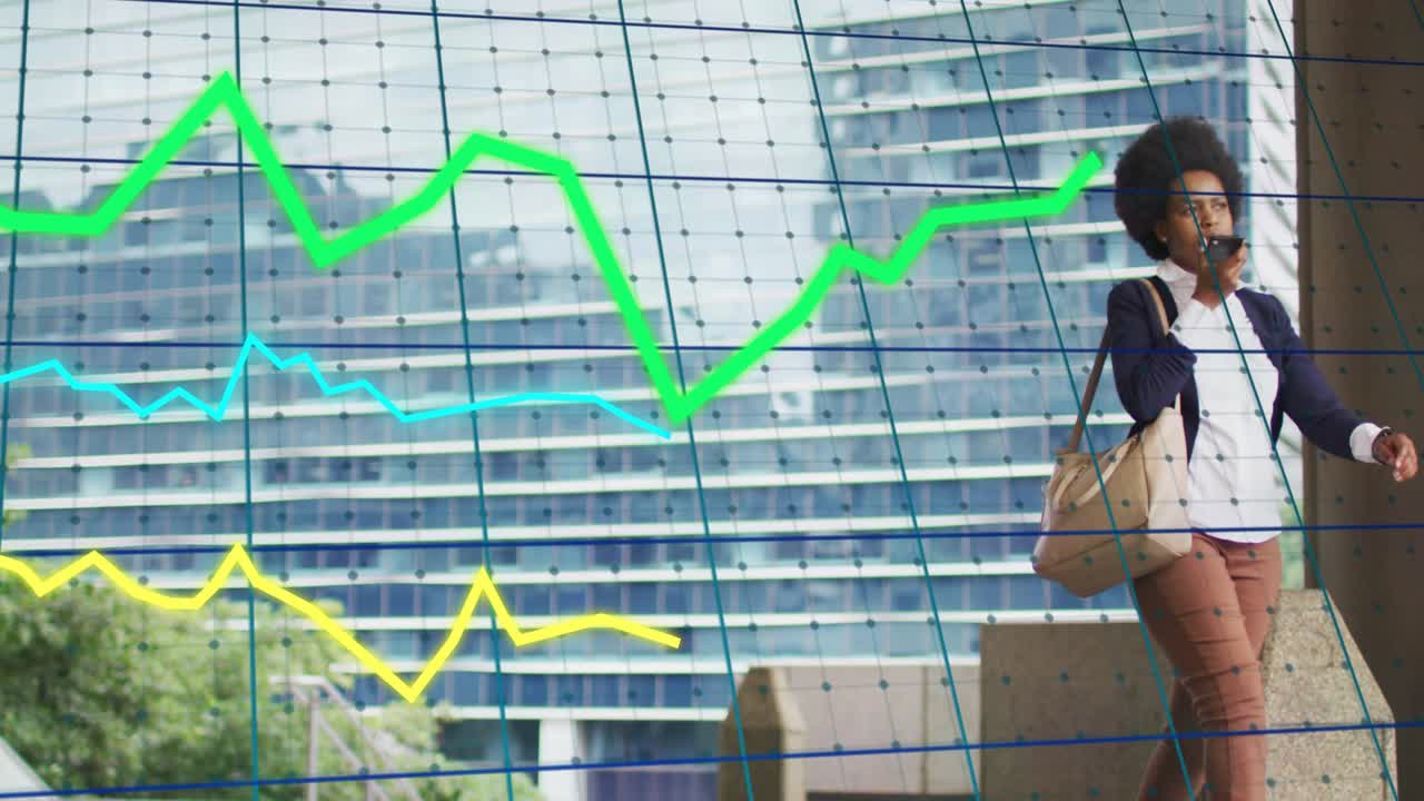Businesswoman walking past plaza, checking watch, raising phone and speaking while graphs overlay