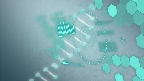 animación de la hélice de adn, los círculos de carga, la barra, el gráfico y el patrón hexagonal sobre un fondo abstracto