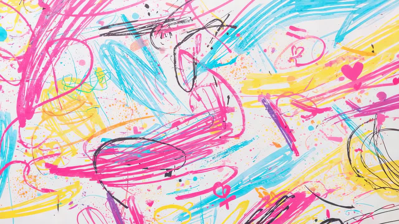 Starting playback abstract art showing on white base with colorful marker strokes and heart motifs