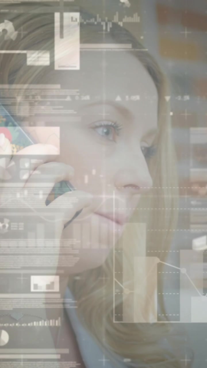 Animation of data processing over caucasian businesswoman talking on smartphone