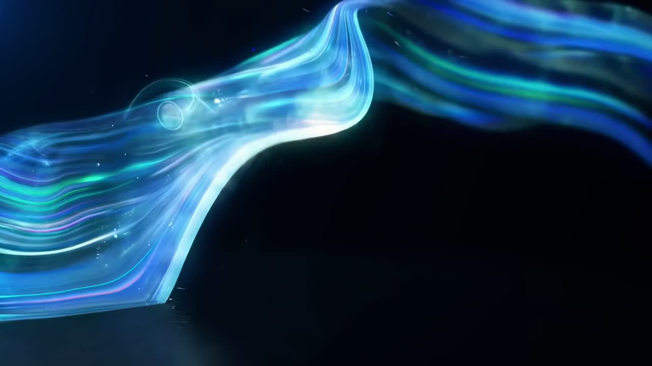 抽象视频，流动的蓝色波浪在深色背景上，侧角度拍摄