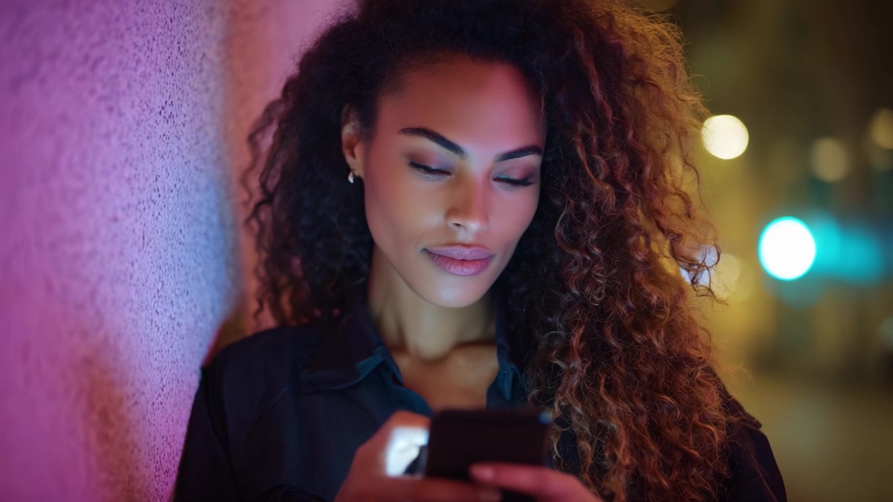 Una donna con i capelli ricci è illuminata dalle vivaci luci della città mentre interagisce attentamente con il suo smartphone in un'elegante ambientazione notturna urbana.