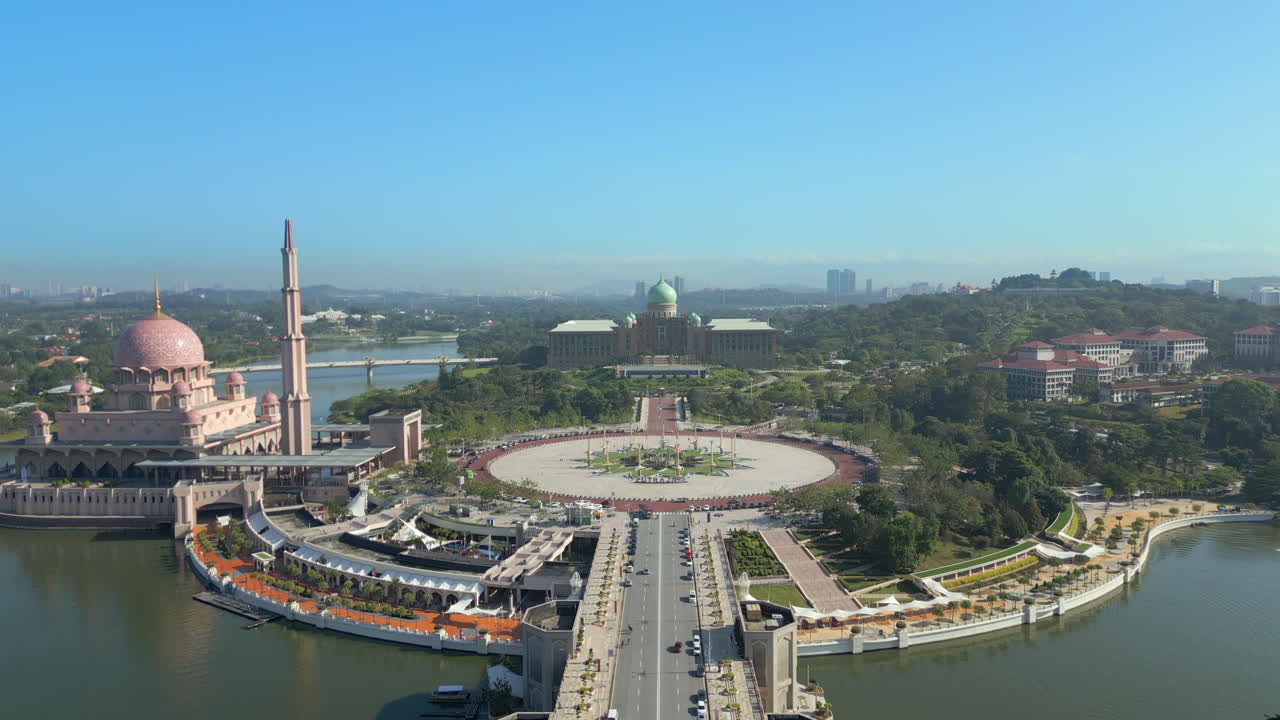 Putrajaya Mosque And Government Buildings Clear Morning Kuala Lumpur Drone Track Back 4K 60FPS
