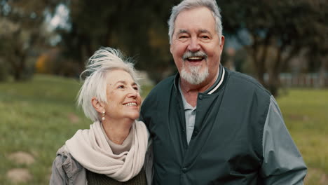 face, love and happy with a senior couple outdoor