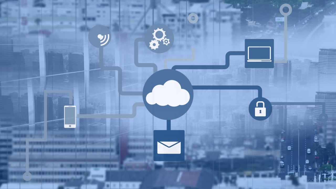 animación de iconos de medios sobre el paisaje urbano