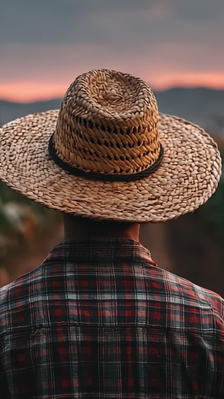 Serena vista da dietro di una persona con un cappello di paglia che ammira uno splendido paesaggio al tramonto, enfatizzando la connessione con la natura e la semplicità