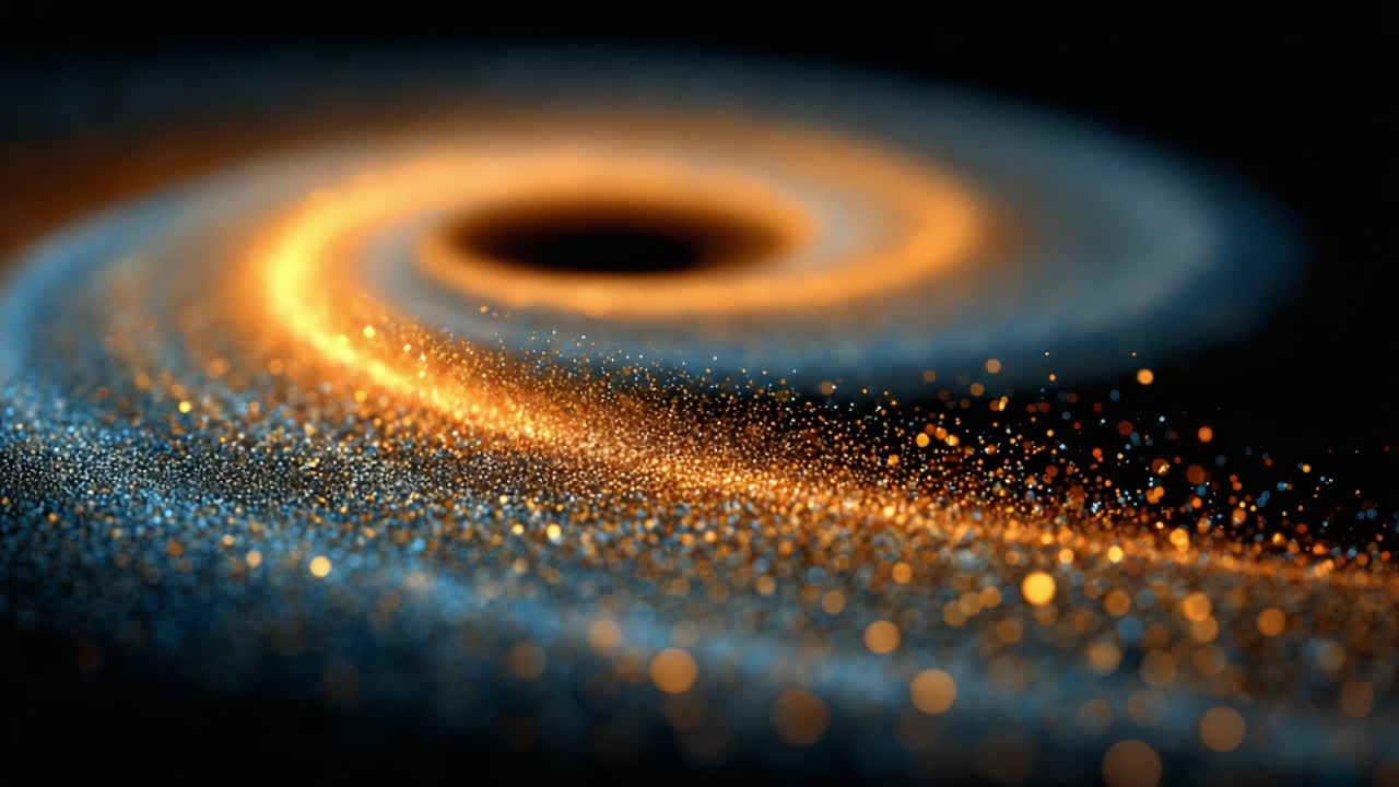 A mesmerizing swirl of glittering particles and luminous colors dances around a core, creating a spectacular visual representation of cosmic phenomena in deep space