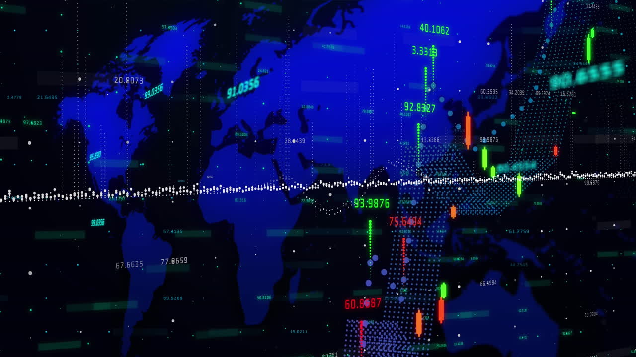 animación del procesamiento de datos financieros sobre el mapa del mundo contra un fondo negro.