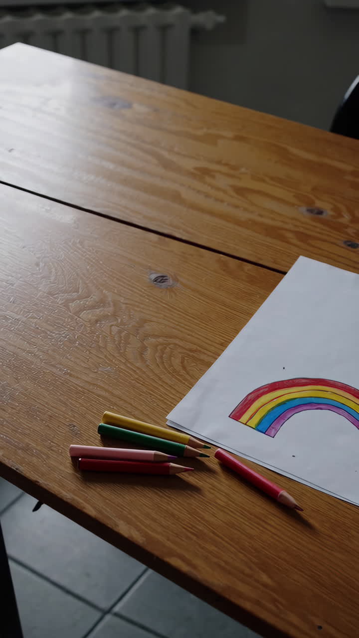 Child's Rainbow Drawing on a Wooden Table