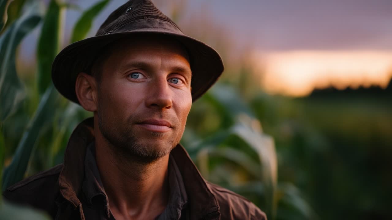 Un agriculteur pensif réfléchissant à la vie au milieu des champs de maïs au crépuscule, capturant l'essence de la vie rurale et du lien avec la nature dans un moment de réflexion.