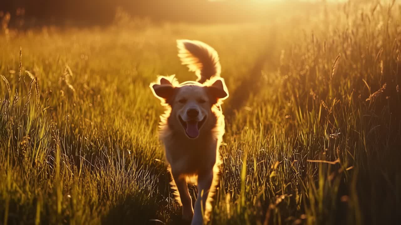 Golden retriever che corre in un campo illuminato dal sole al tramonto, ripreso da un'angolazione bassa.